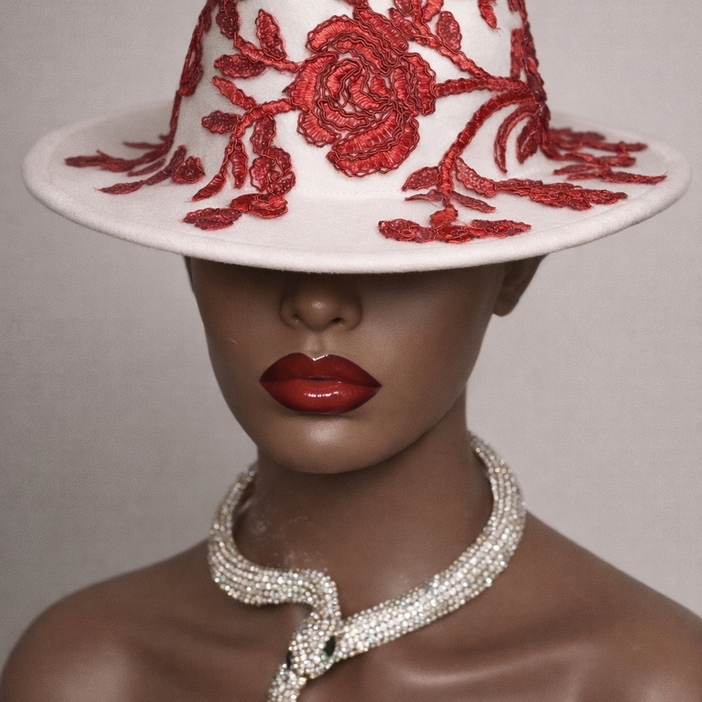 Crimson Vow Chic White Hat with Red Embroidery